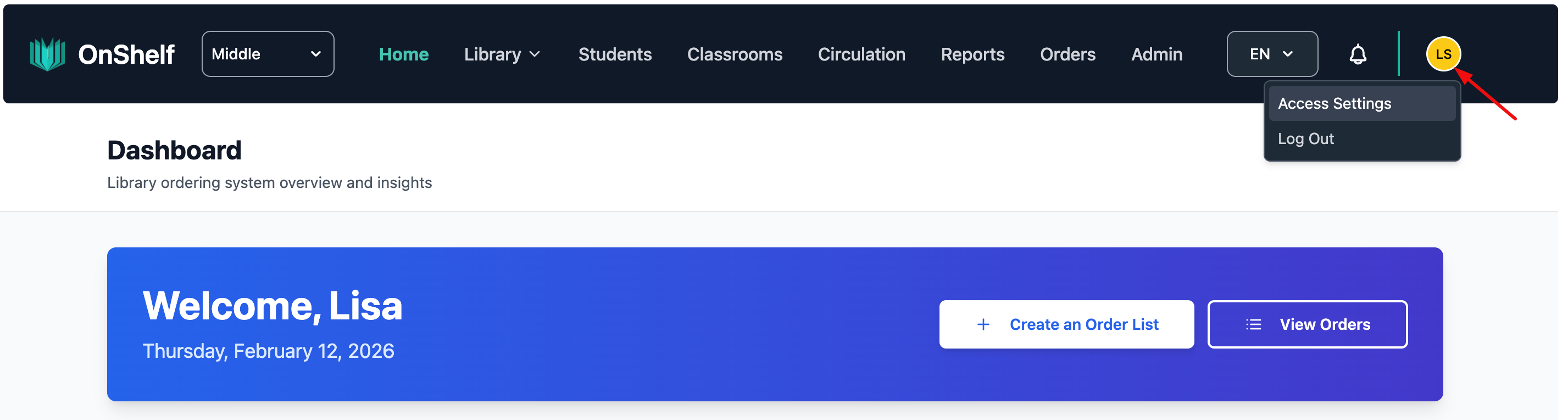 Screenshot of OnShelf top navigation pointing out the Avatar for Settings and Logout