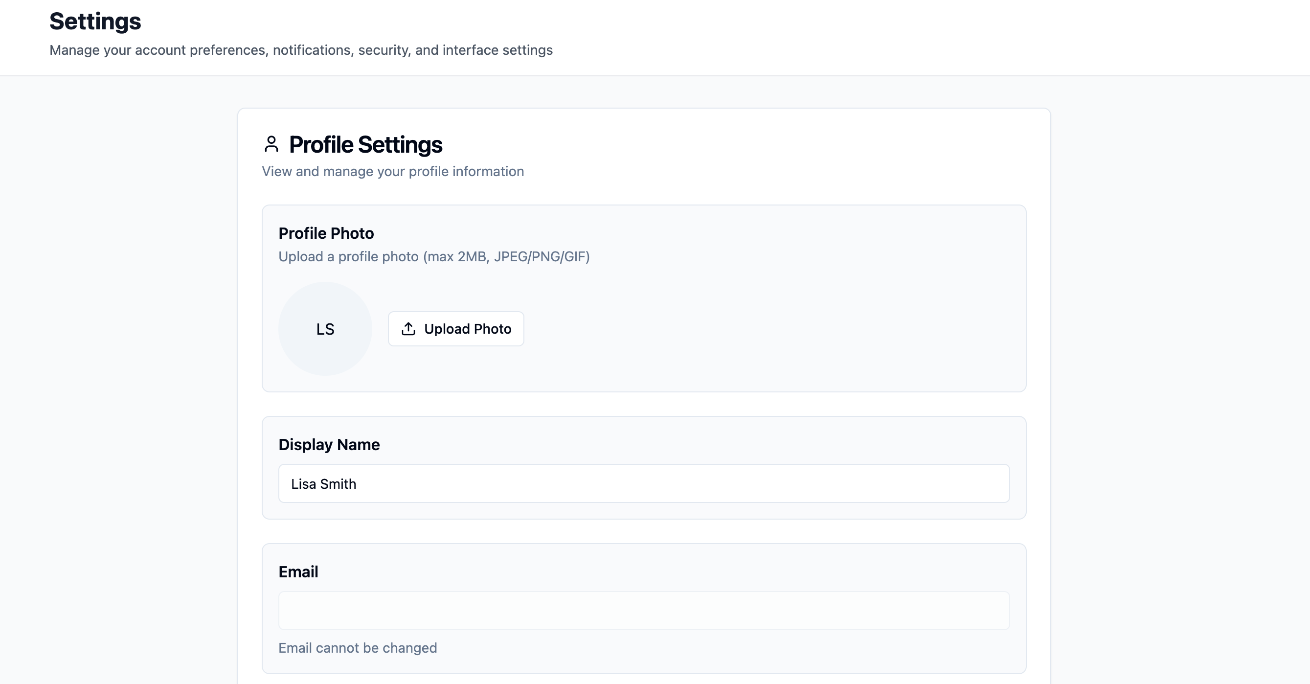 Screenshot of the User Settings